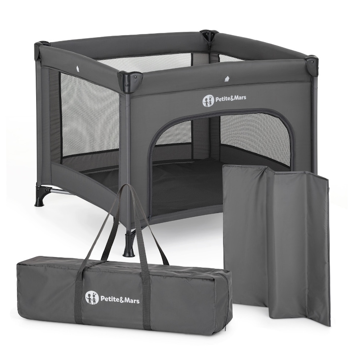 Tarc pliant, Petite&Mars, Nook, 90 x 90 cm, Pliere compacta, Include geanta de transport, Intrare laterala, Pereti din plasa, Structura stabila, Pana la 15 kg, 0 luni+, Gri