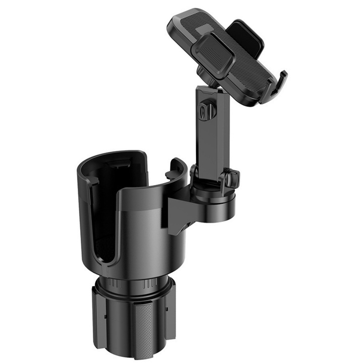Suport pentru pahar auto cu dubla functie si suport pentru telefon mobil, multifunctional, constructie din plastic ABS, capacitate de rotatie de 360°, compatibil cu suporturile circulare standard pentru pahare auto, negru