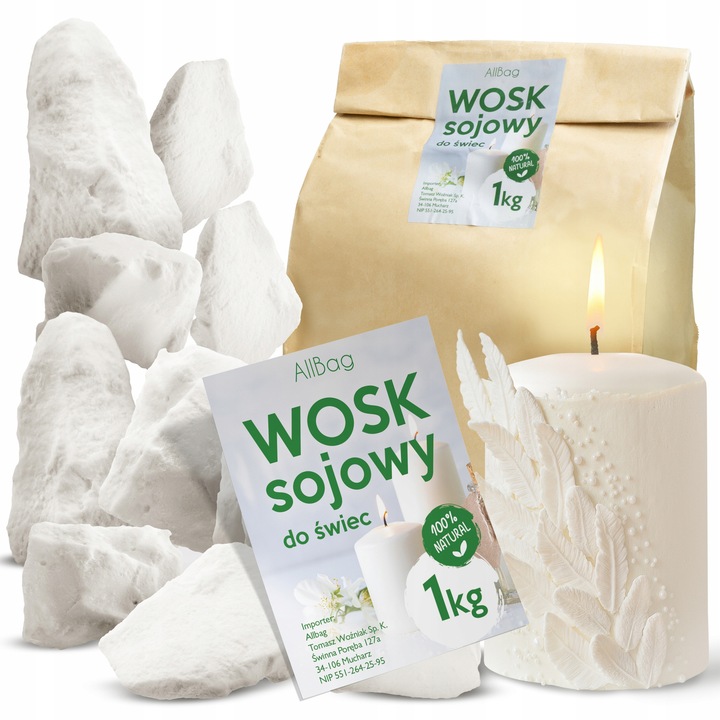 Wosk sojowy natural 1kg, Allbag, granulat, alb