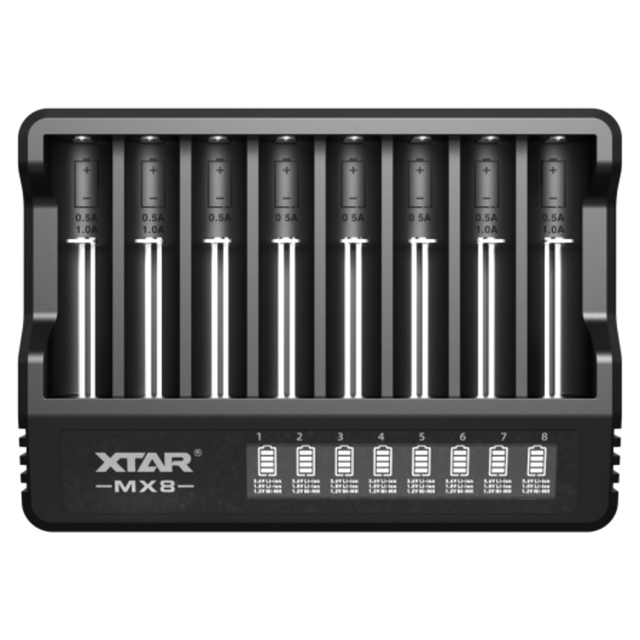 Încărcător XTAR MX8, 8 canale, USB-C, compatibil Li-Ion și Ni-MH, dimensiuni 10x15x22cm
