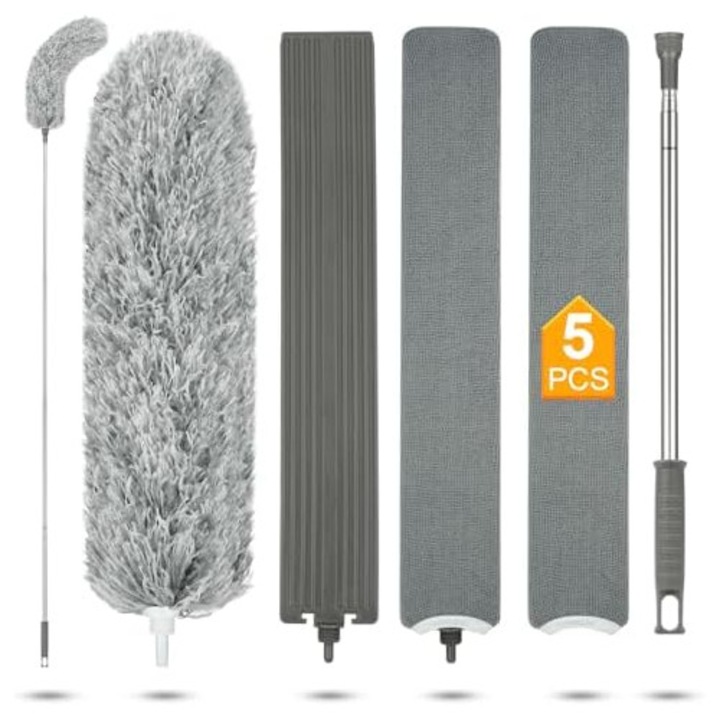 Perie de praf retractabila, extensibila, reutilizabila, cu maner lung si perie flexibila din microfibra pentru acasa, dormitor, bucatarie, baie