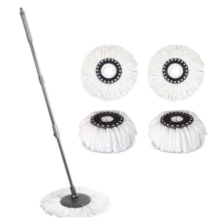 Cleaning Set: 4 100% Microfiber Spin Mop Refills, Spin Mop with Adjustable Metal Handle