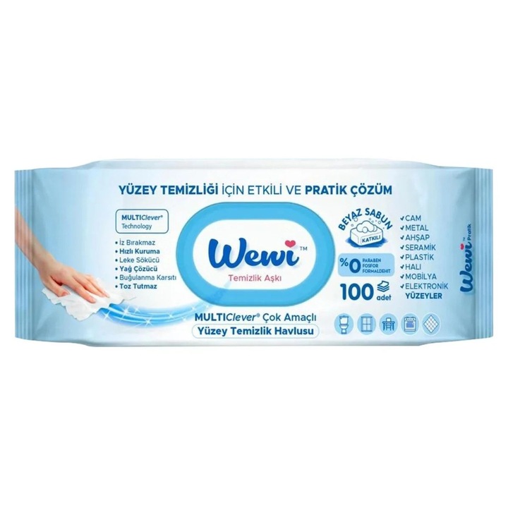 Servetele Umede Multisuprafete cu Bicarbonat si Otet, Wewi, 100 buc