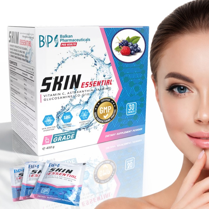 Supliment Premium Skin Essential, Colagen Hidrolizat, Balkan Pharmaceuticals®, Formula Avansata pentru Femei si Barbati, Sustine Ingrijirea Pielii din Interior, Incetineste Imbatranirea, Hidrateaza, cu Taurina, 30 plicuri, Fructe de Padure