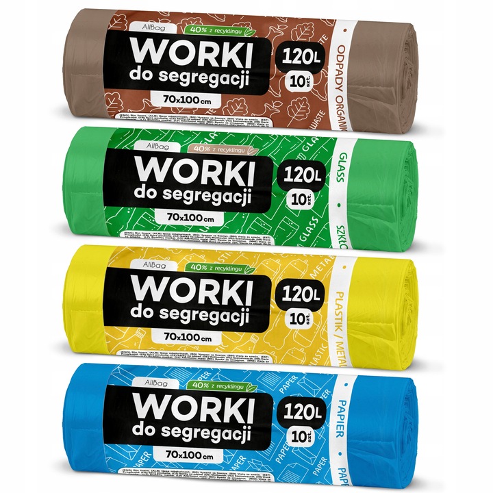 Set saci menajeri Allbag 120L, reciclati, 10 buc, culori: galben (plastic), maro (bio), albastru (hartie), verde (sticla)
