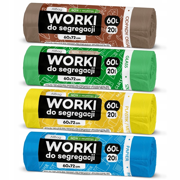 Set saci menajeri Allbag 60L, reciclati, 20 buc, culori: albastru, verde, galben, maro, 60x72cm