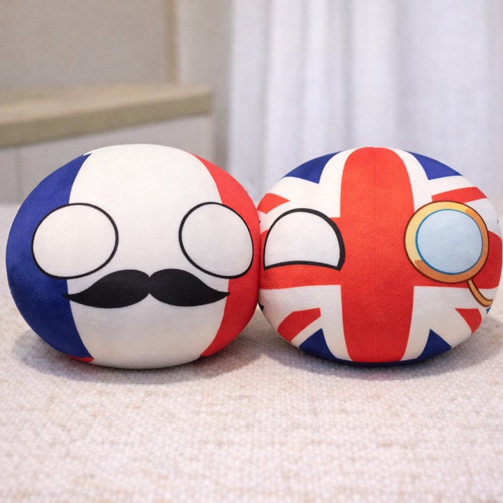 Set 2 Jucarii de Plus Countryball 20cm, Franta & Marea Britanie, Detalii Amuzante, Multicolor