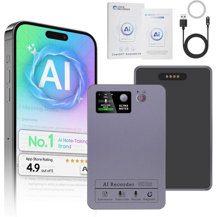 Recorder vocal PlayDen AI 64GB, transcriere AI, rezumat inteligent, design portabil