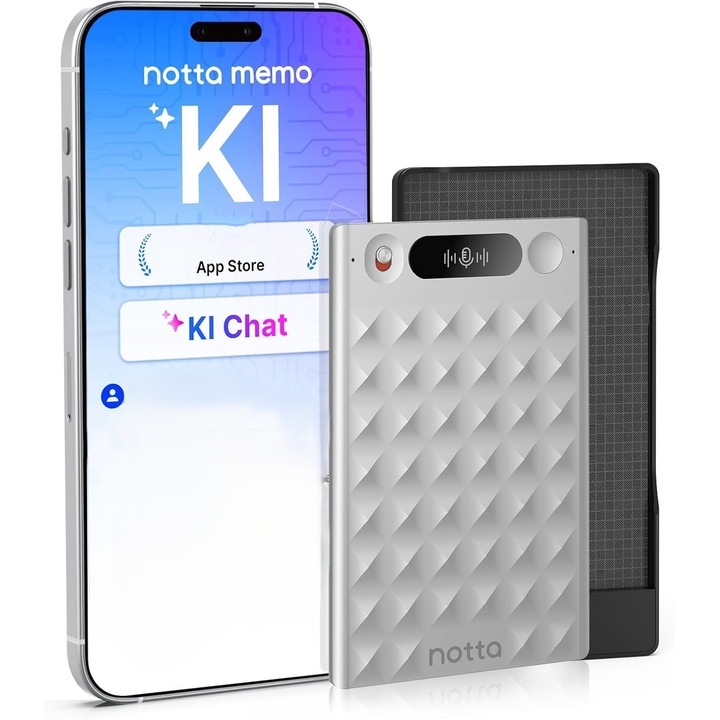 Recorder vocal digital notta Memo AI 32GB Silver, 2000 ore memorie, MagBridge USB-C, inregistrare pentru apeluri si intalniri