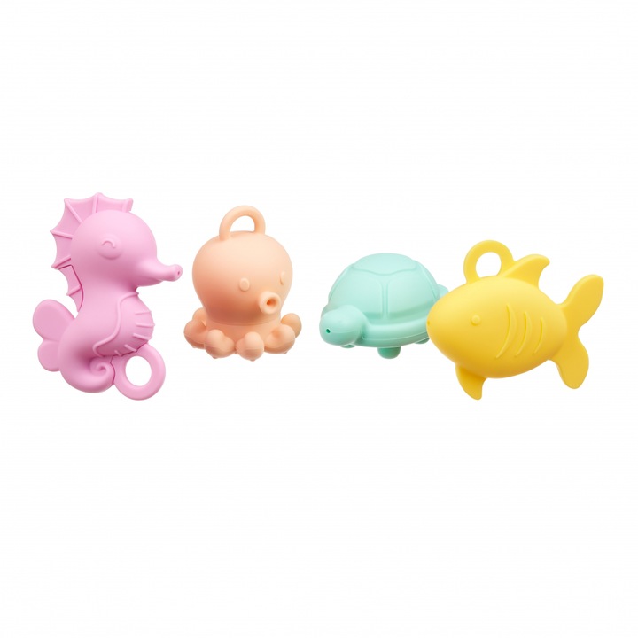 Akuku 4 darabos puha szilikon tengeri állat fürdőjáték készlet, levehető talp, pasztell színek, lekerekített formák, biztonságos anyagokból készült, nem tartalmaz biszfenol A-t