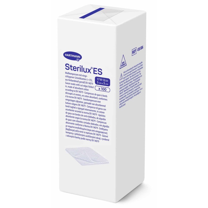 Compresa din bumbac, cu capacitate mare de absorbtie Sterilux ES Hartmann, 12 pliuri interioare cu margini taiate, Dimensiune 5x 5cm, 100 buc