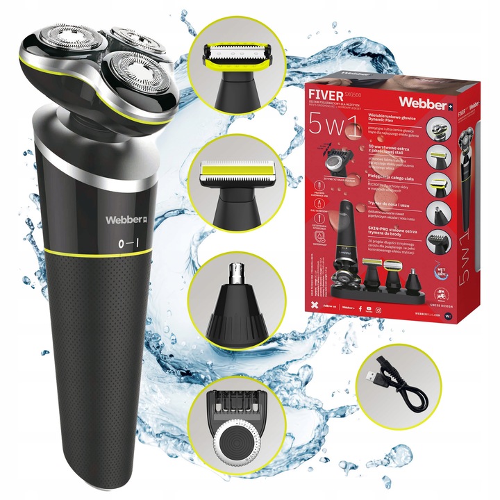 Aparat de ras pentru barbati Webber FIVER SXG500 Trimmer 5-in-1 pentru barba si nas, Wet&Dry, USB