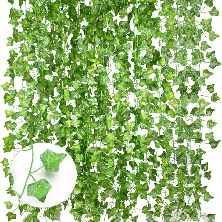 Set de 12 Ghirlande Iedera Artificiala SUPER TRENDS®, Matase si Plastic, Decor Interior si Exterior, Lungime Fir 210 cm, Verde