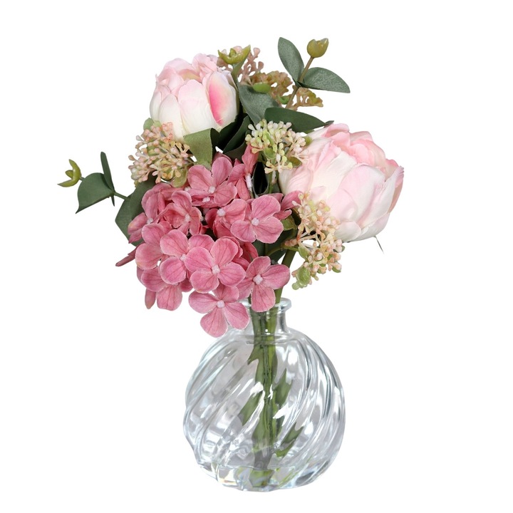 Buchet de flori artificiale roz in vas de sticla sferic, inaltime 25 cm