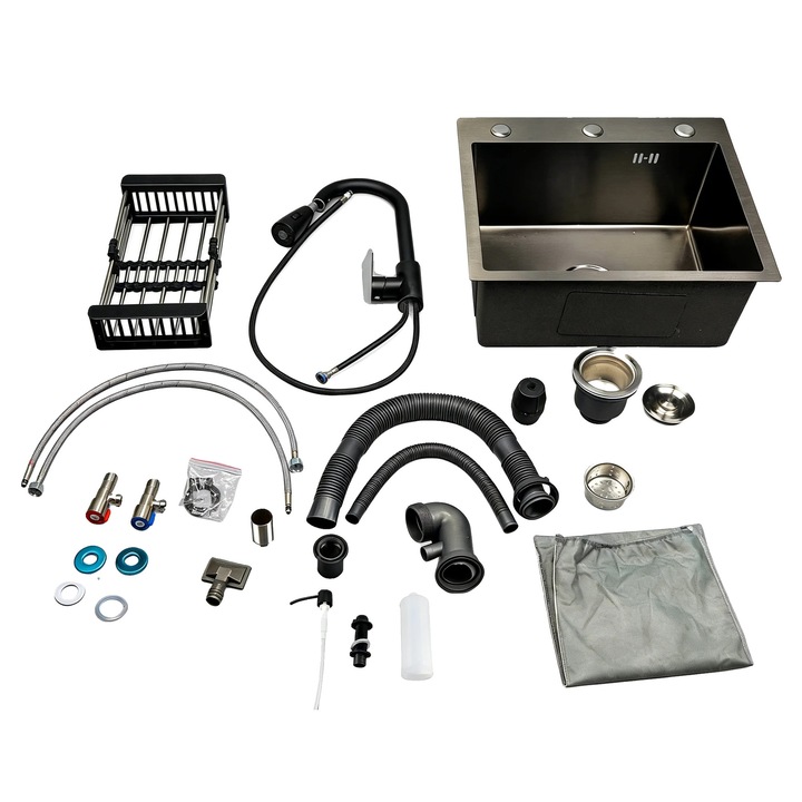 Chiuveta bucatarie, inox, set complet cu robinet si accesorii, neagra, stil cu un singur bol