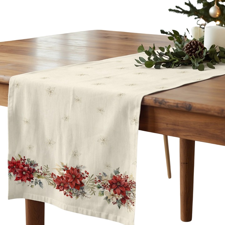 Napron (Traversa) masa SG Hogar, Holiday Poinsettia, 100% bumbac, 50x150cm