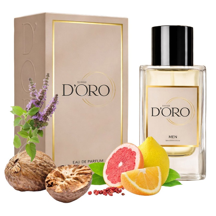 D'oro M96 Bleu férfi Eau de Parfum, grapefruit, citrom, rózsabors, szerecsendió és pacsuli illatjegyekkel, fás-fougere, fűszeres, intenzív és friss illat, 50ml