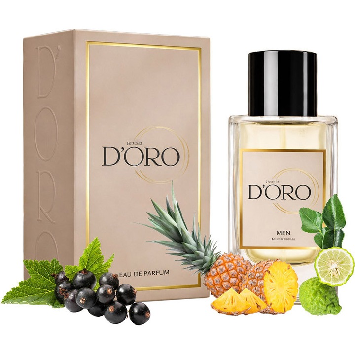 D'oro M97 Aventuros férfi Eau de Parfum, ananásszal, fekete ribizlivel, almával és bergamottal, fás-gyümölcsös, intenzív, friss, citrusos és egzotikus illat, 50ml