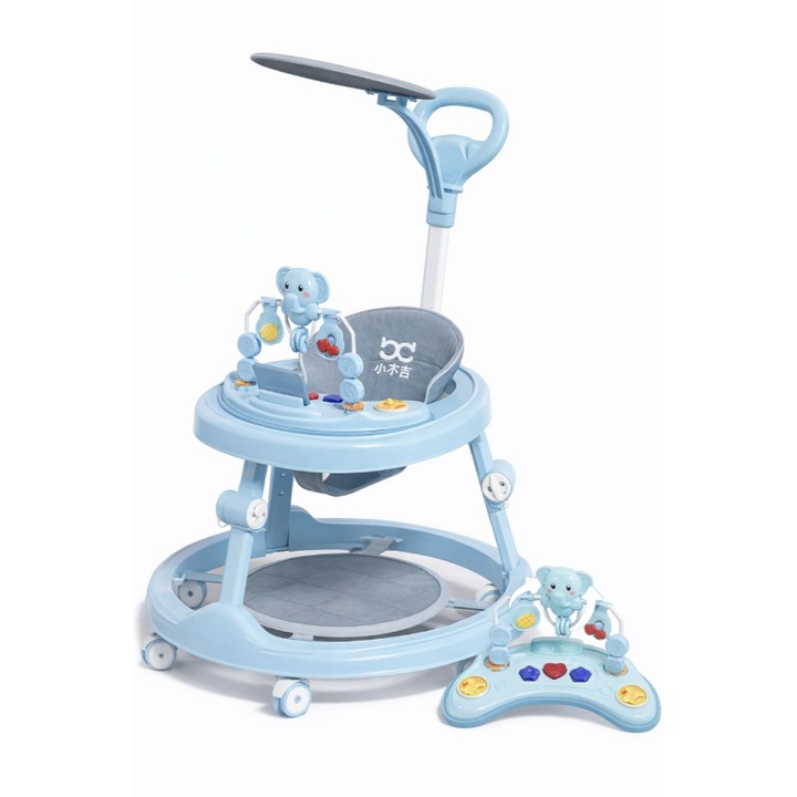 Проходилка Mixbo за деца 6-18 месеца, синя, модел слонче, с дръжка за бутане, регулируема височина, интерактивен център за дейности, сгъваема