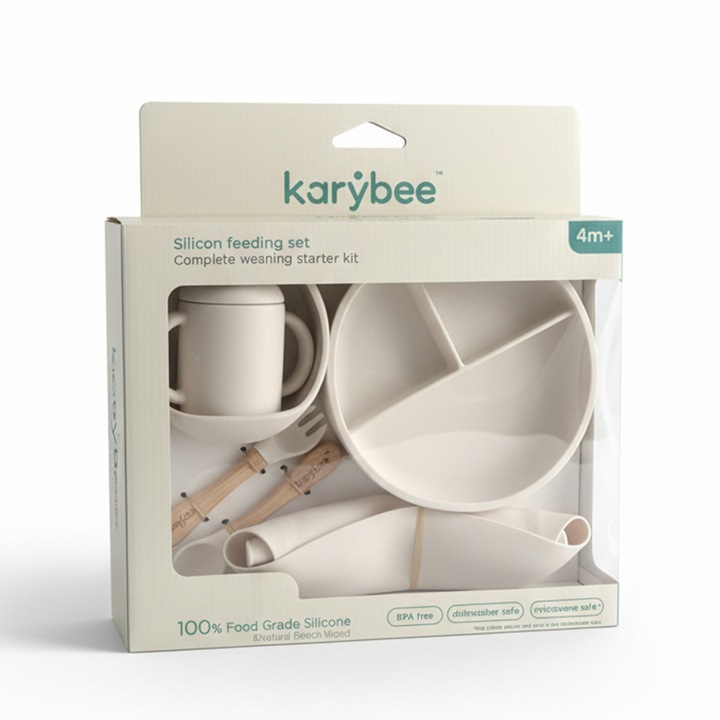 Set de Hranire Copii din Silicon Alimentar, fara BPA Karybee, Usor de Curatat, Cu Maner Din Lemn, Varsta 4luni+, Material Moale si Placut