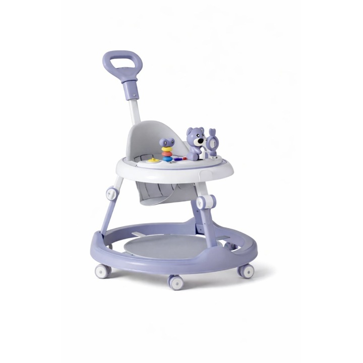 Premergator Culoare Lila/Gri pentru Bebelusi cu Maner Reglabil Mixbo, Model Urs cu Centru de Activitati