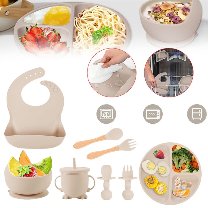 Babaetető készlet, szilikon babaetető készlet tálkával, állítható előkével, pohárral, villával és kanállal, étkészlet, baba tányér és tál készlet