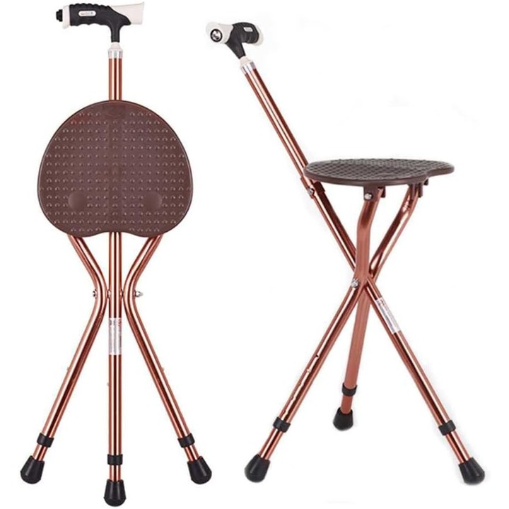 Baston pliabil cu scaun PeiBan, reglabil, 3 picioare, suport pana la 120 kg, aluminiu, maner antiderapant, pentru seniori, culoare Maro