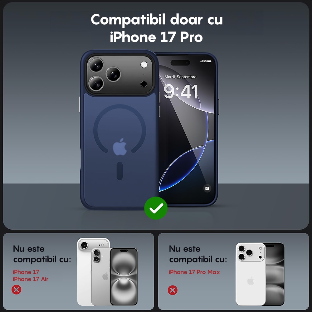 Husa compatibila cu Incarcare Magsafe pentru Apple iPhone 17 Pro Max, CASEY STUDIOS™, de Protectie, Slim, pentru Incarcare Wireless, Margini Ridicate pentru Protectia Ecranului si a Camerelor, Albastru Inchis