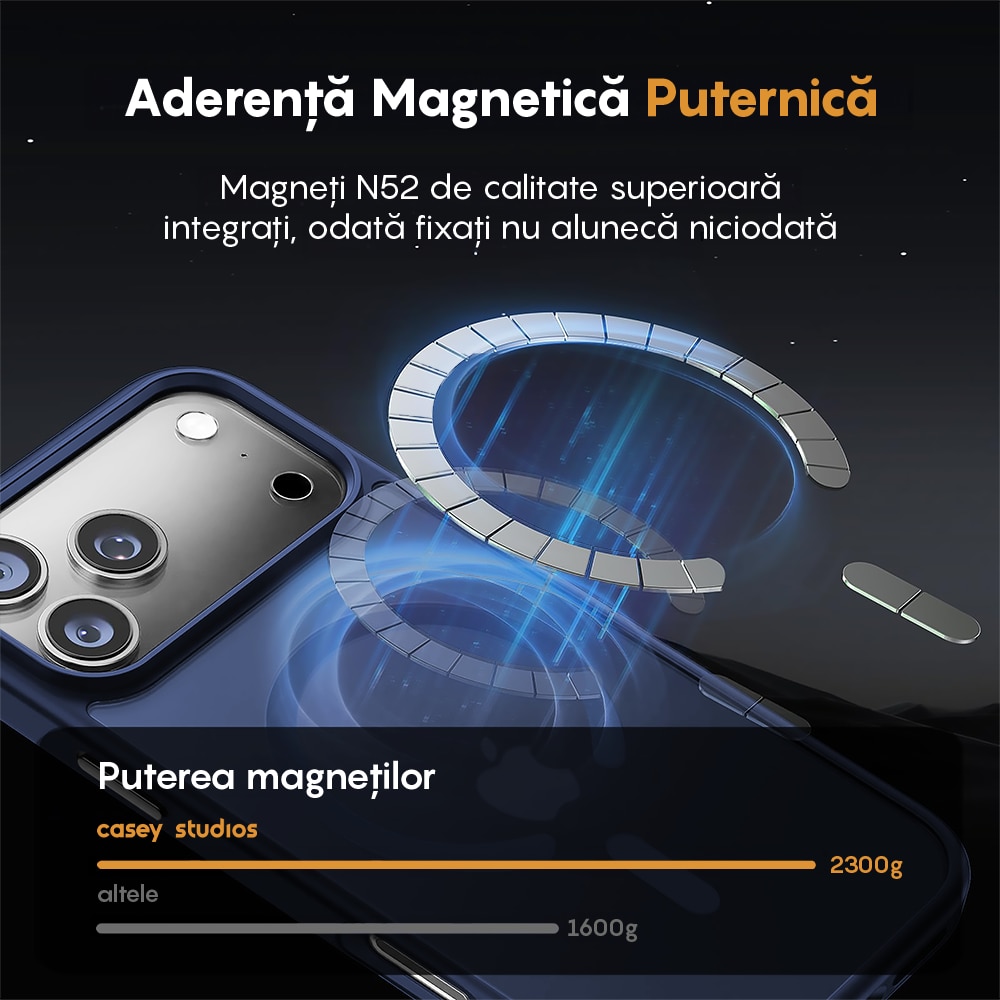 Husa compatibila cu Incarcare Magsafe pentru Apple iPhone 17 Pro Max, CASEY STUDIOS™, de Protectie, Slim, pentru Incarcare Wireless, Margini Ridicate pentru Protectia Ecranului si a Camerelor, Albastru Inchis