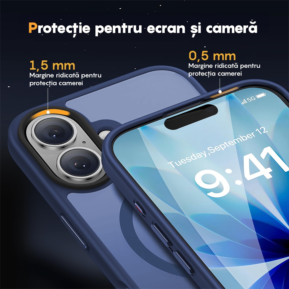 Husa compatibila cu Incarcare Magsafe pentru Apple iPhone 17, CASEY STUDIOS™, de Protectie, Slim, pentru Incarcare Wireless, Margini Ridicate pentru Protectia Ecranului si a Camerelor, Albastru Inchis