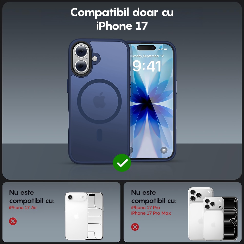 Husa compatibila cu Incarcare Magsafe pentru Apple iPhone 17, CASEY STUDIOS™, de Protectie, Slim, pentru Incarcare Wireless, Margini Ridicate pentru Protectia Ecranului si a Camerelor, Albastru Inchis