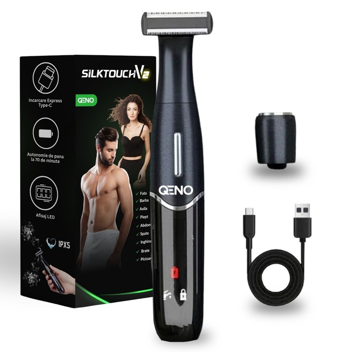 Aparat Hibrid De Barbierit si Ras, Tuns Barba si Parul Corporal, Qeno® Silktouch Pro, Afisaj Led, Indicator Baterie, Reincarcabil, Port Incarcare Type-c, Rezistent La Apa, Negru