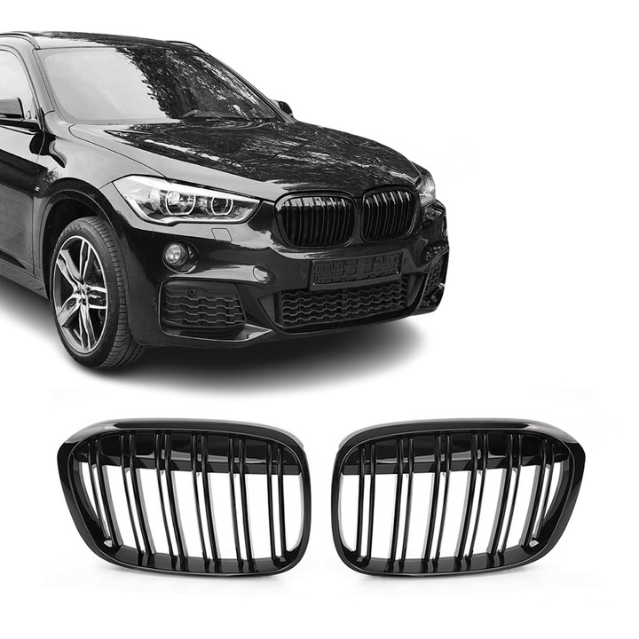 Grile duble pentru BMW X1 F48, 2015-2020 - Negru Lucios