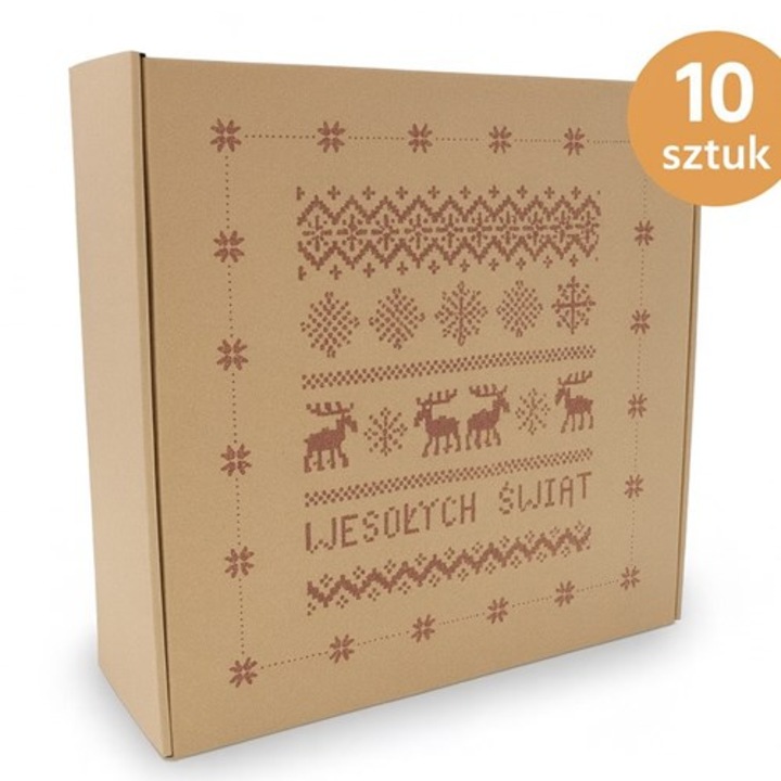 Set 10, Cutie NEOPAK pentru cadouri de Craciun, cu imprimeu Reniferi si mesaj 'Craciun Fericit', 300x300x110 mm, kraft, din carton ondulat 3 straturi, 351 g/m²