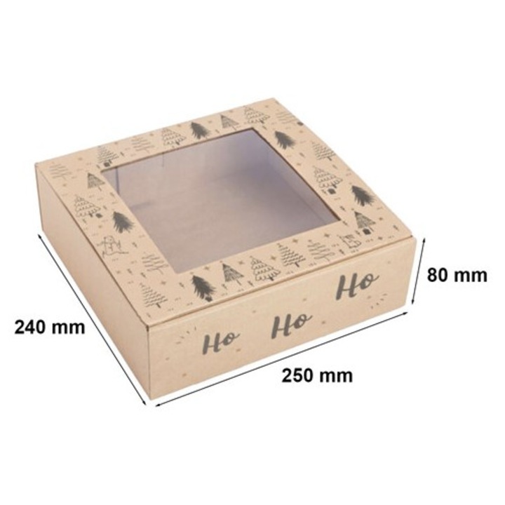 Cutie carton NEOPAK, pentru cadouri de Craciun, cu fereastra, 250x240x80mm, cu imprimeu Ho Ho Ho si braduti