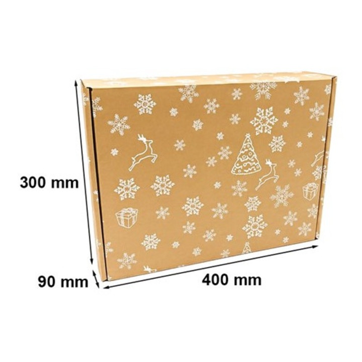 Cutie carton NEOPAK de Craciun, 400x300x90 mm, Multicolor, cu model fulgi de nea si reni, pliabila