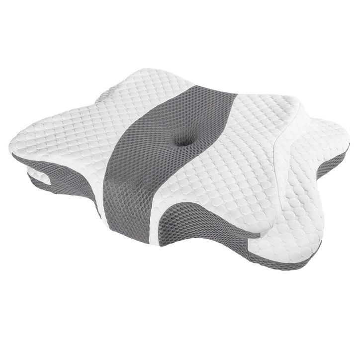 Perna pentru gat din spuma cu memorie, suport ergonomic, husa lavabila, gri deschis, 64x38x14cm