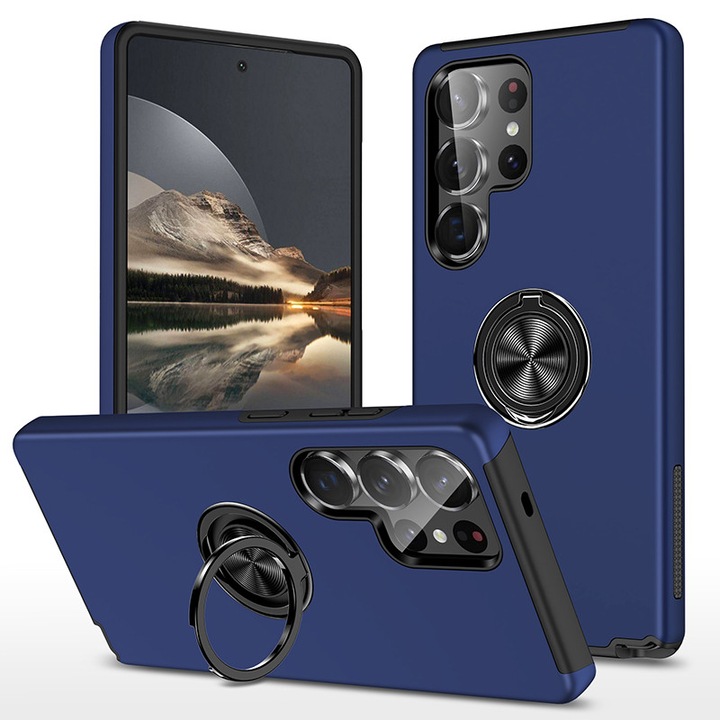 Тънък магнитен калъф с метален пръстен, съвместим със Samsung Galaxy S25 Ultra, устойчив на куршуми, тъмносин