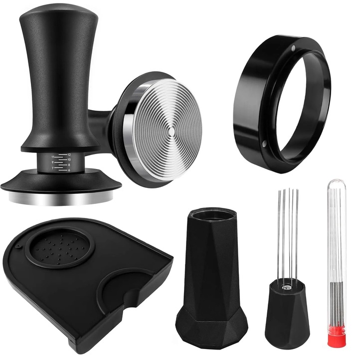 Set tamper cafea 51mm inox cu unealta WDT, inel dozator & covoras - 51mm