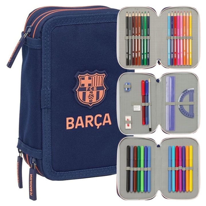 Set Penar 3 Compartimente Echipament, Safta, Poliester, Albastru, Fermoar, Organizare Rechizite, Include Totul Pentru Scoala, Rezistent, Stil Clasic, Cadou Elevi, 10.5 cm, Albastru