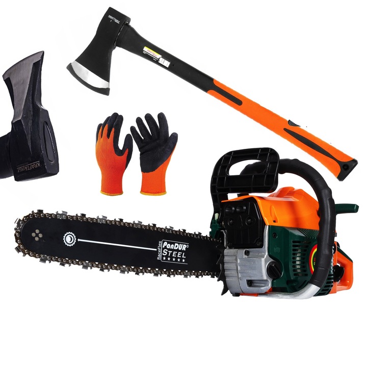 Drujba Benzina PANDUR, 7.5Cp, 10000Rpm, Accesorii Incluse si Topor despicat lemne 2Kg Fibra Sticla