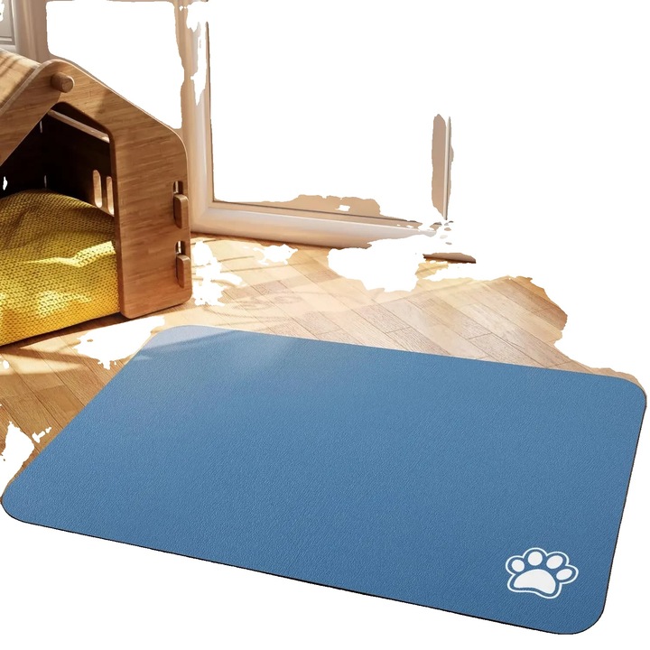 Culoare albastra, covoras de hranire pentru animale, dimensiune L, material absorbant, design antiderapant