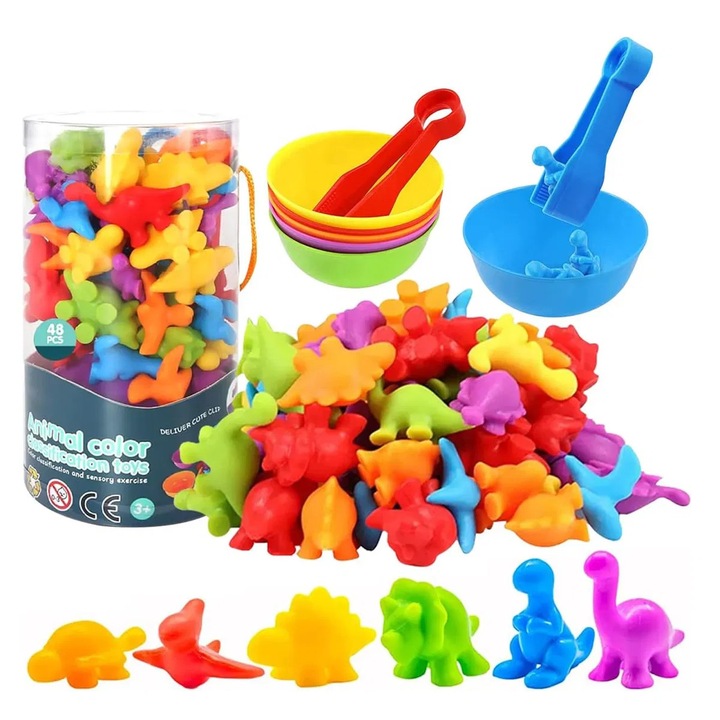 Joc Montessori de sortare culori, clasificare si numarare Dinozauri Colorati, 48 piese, EMC ONSHOP®, +3ani