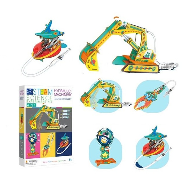 Kit Educativ STEM 4 in 1 EMC ONSHOP®, Mecanisme Hidraulice, Excavator si Brat Robotic, Jucarie Stiintifica de Constructie DIY, 8 ani+