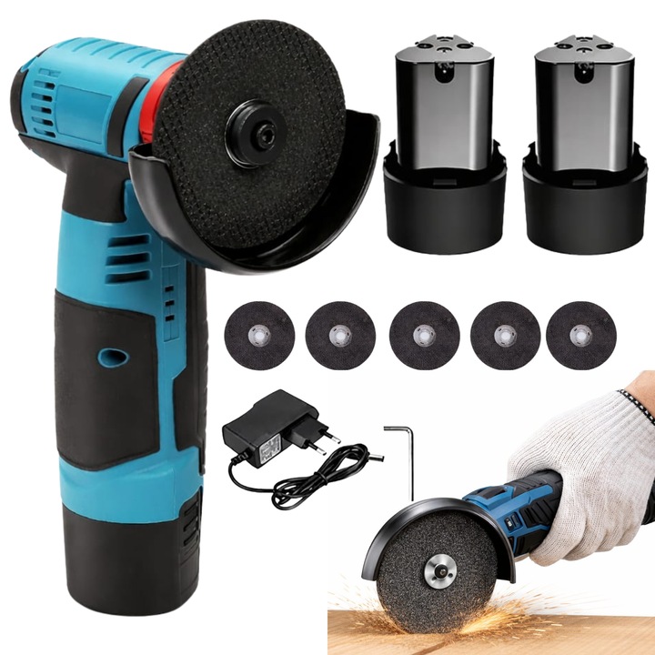 Mini Polizor Unghiular Profesional, Infiniteea™, Putere 750W, Viteza 19500 RPM, Set Complet cu 2 Acumulatori 12V, 5 Discuri de Taiere si Slefuire Incluse, Manual Utilizare, Design Compact Ergonomic pentru Taiat Metal, Lemn, PVC si Lustruit, Albastru