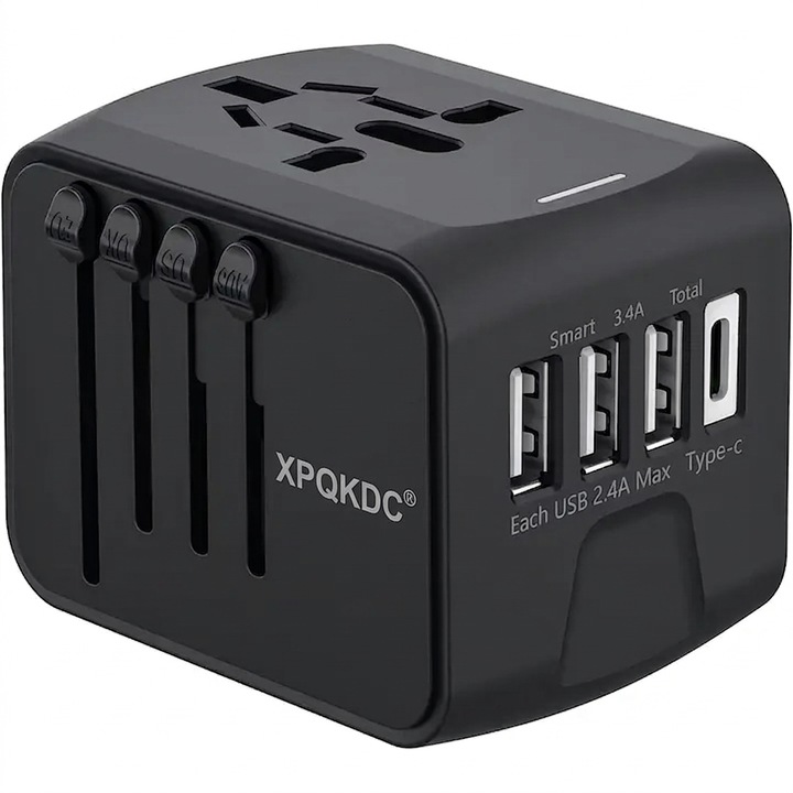 Универсален адаптер за пътуване XPQKDC® All-in-One, международен зарядно устройство с 4 USB порта и 1 Type-C порт, съвместим с US, UK, EU, AU, защита от претоварване, компактен дизайн, премиум черен