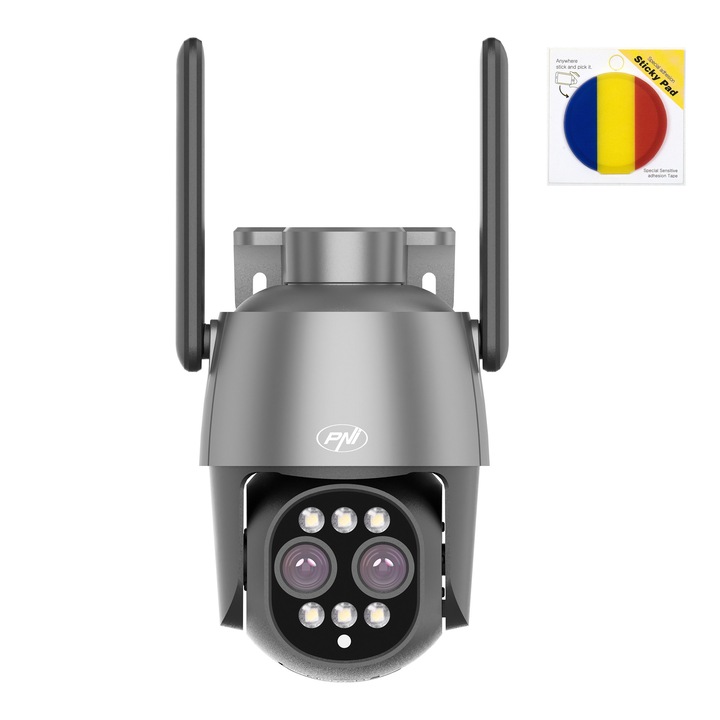 Pachet camera supraveghere video PNI House IP574 cu Wi-Fi, PTZ, dual lens si sticky Pad Drapel inclus