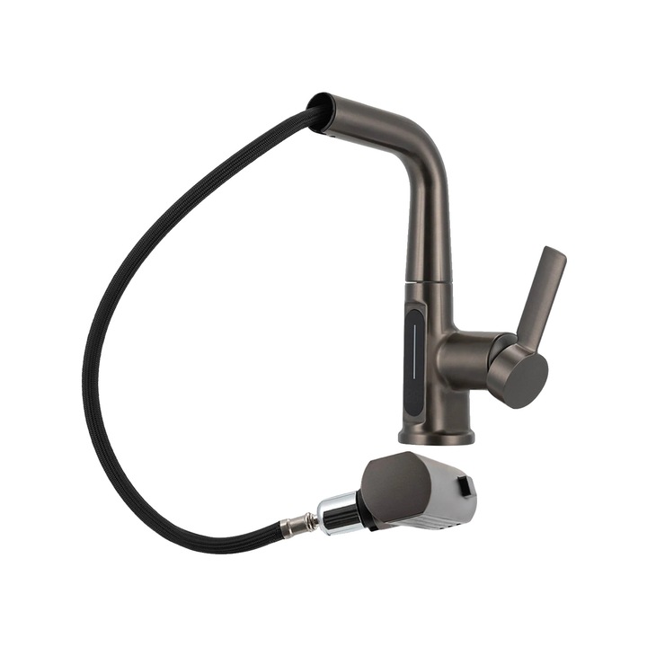 Sanitér csaptelep, 360°-ban forgatható kifolyóval, digitális hőmérséklet-kijelzővel, szürke