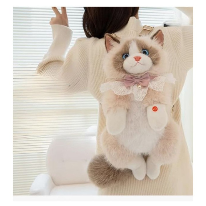 Rucsac copii plus pisica bej 50cm, design elegant cu fundita, sunet interactiv