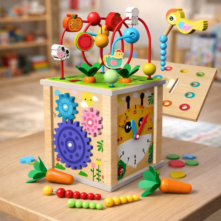 Montessori Cub educativ multifunctional din lemn – jucaria perfecta pentru dezvoltarea copilului tau